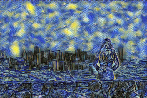 city scene in starry night style